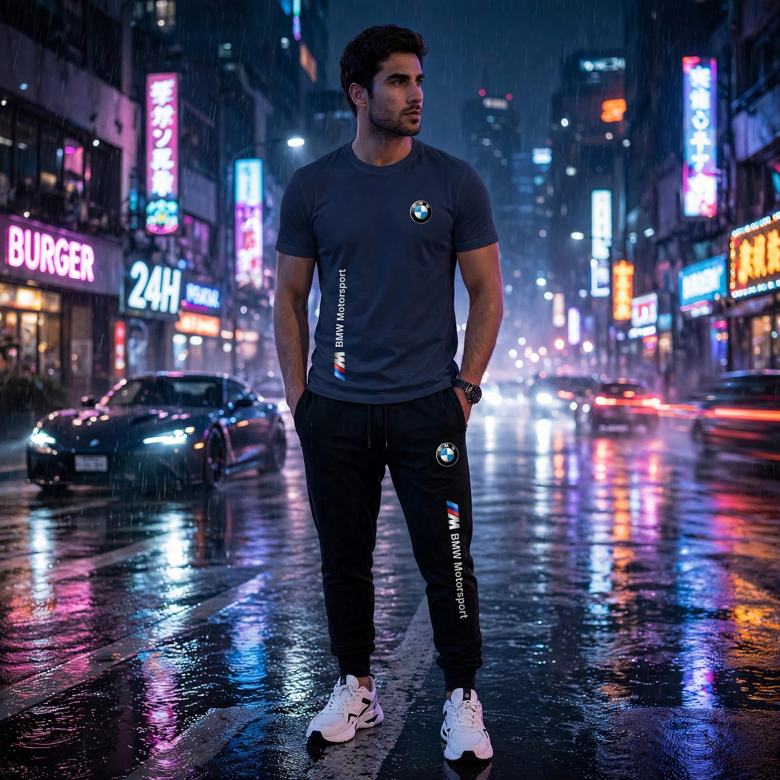 BMW Motorsport Men's Tracksuit - White T-Shirt + Black Joggers Set