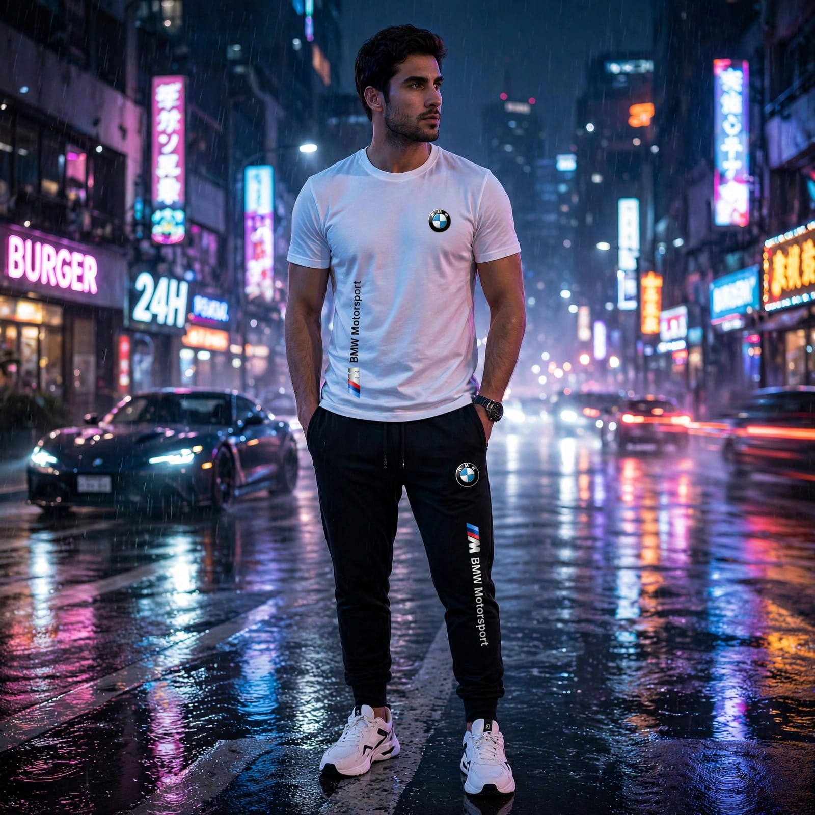 BMW Motorsport Men's Tracksuit - White T-Shirt + Black Joggers Set