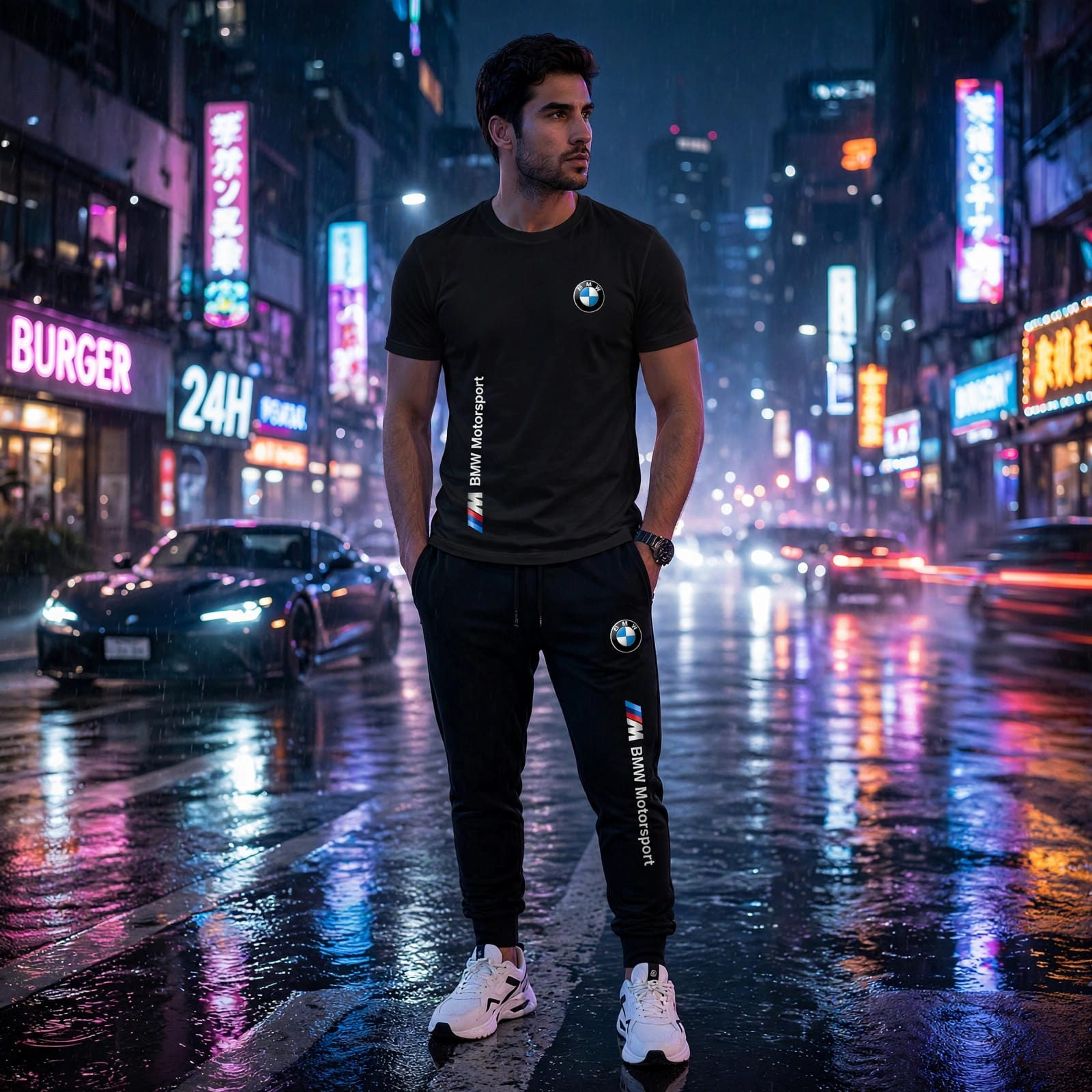 BMW Motorsport Men's Tracksuit - White T-Shirt + Black Joggers Set