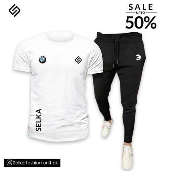 Selka BMW Men's Tracksuit - White T-Shirt + Black Joggers Set | Upto 50% OFF