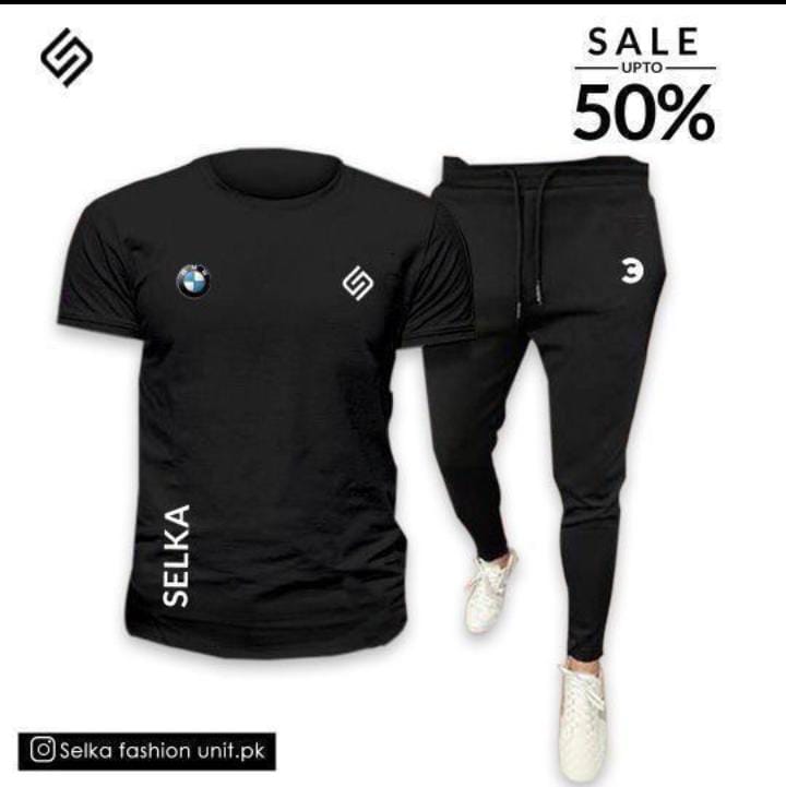 Selka BMW Men's Tracksuit - White T-Shirt + Black Joggers Set | Upto 50% OFF