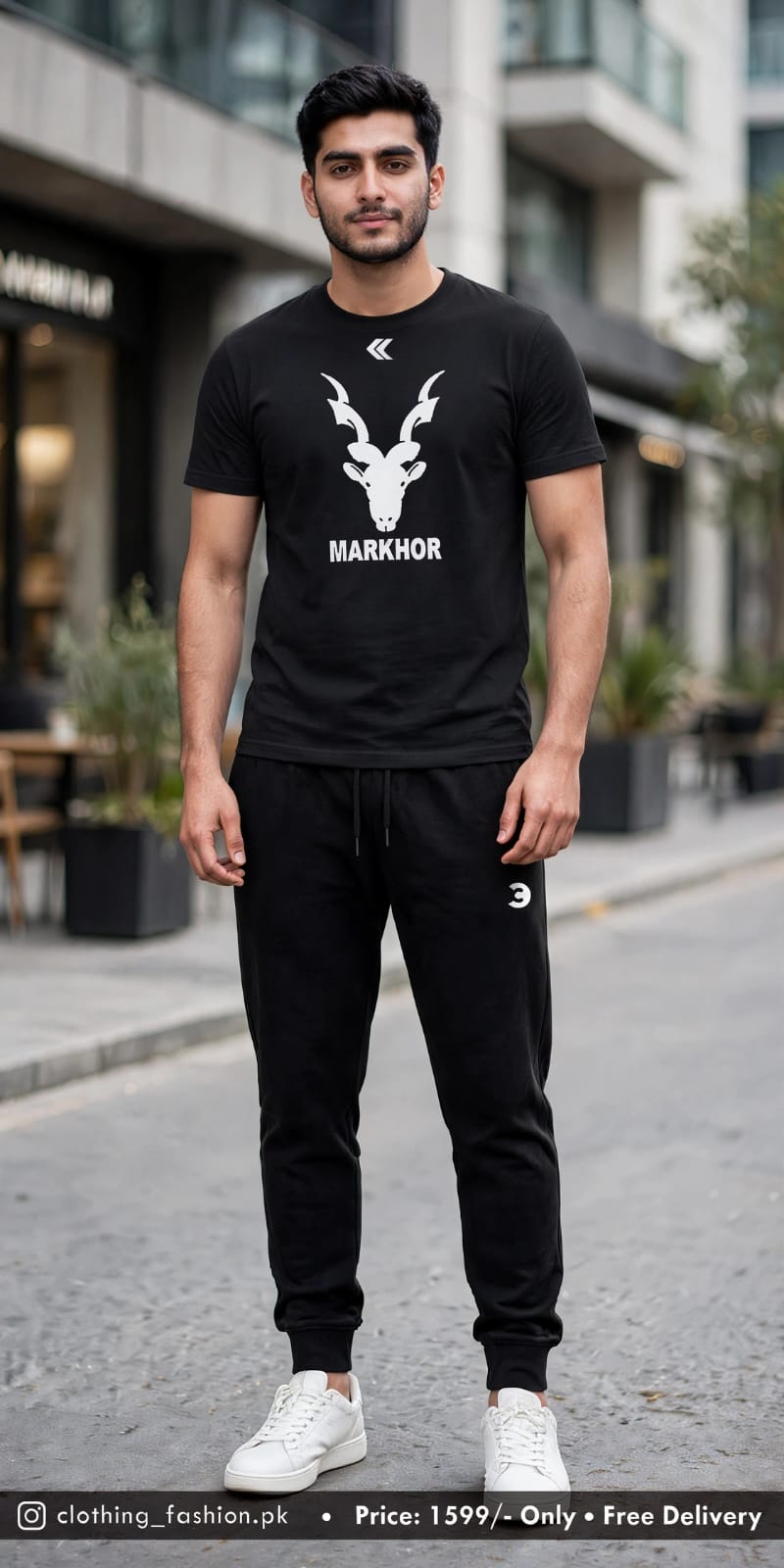 Markhor Men's Black Tracksuit - Graphic T-Shirt + Joggers Set